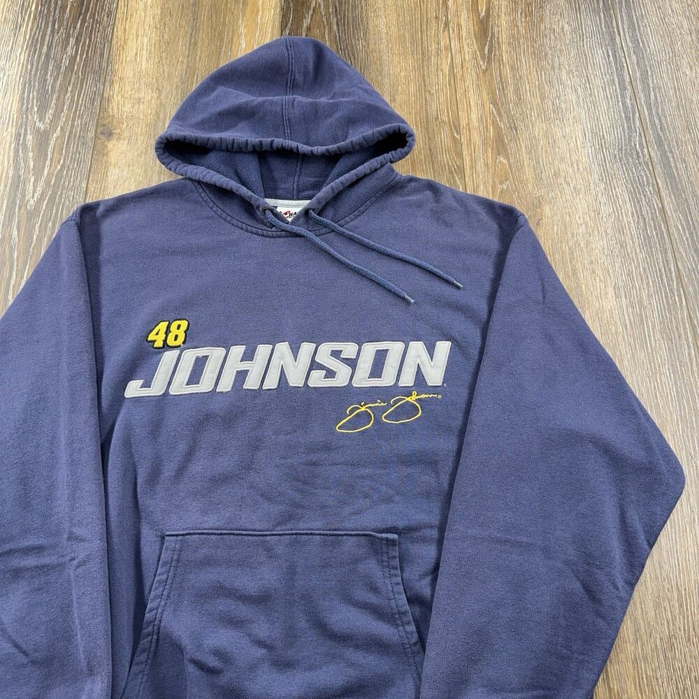 Vintage Jimmy Johnson Hoodie Mens L Blue Sweatshirt Nascar Racing Team Sweater